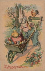 Anthropomorphic Easter Bunny with Chick and Eggs in Wheelbarrow With Bunnies Postcard Postcard Postcard