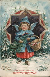 Christmas Angel with Evergreen Sprig and Basket Postcard