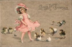 Little Girl in Pink with Chicks and Eggshells - Easter Greeting Postcard Postcard Postcard