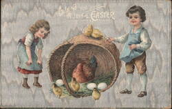 Wishing You a Joyful Easter: Children with Chicks and Hen in Basket Postcard Postcard Postcard