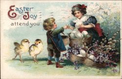 Children with Easter Eggs, Chicks, and Violets Postcard