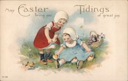 Two Children with Chicks and Violets: An Easter Greeting Postcard Postcard Postcard