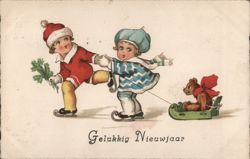 Dutch Children Ice Skating with Teddy Bear, Gelukkig Nieuwjaar Postcard Postcard Postcard