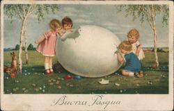 Children Discover Giant Easter Egg, Buona Pasqua Greeting With Children Postcard Postcard Postcard