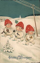 Three Gnomes in Strawberry Hats Celebrate New Year Postcard