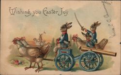 Easter Rabbits Riding Chickens Pulling Cannon, Wishing Easter Joy With Bunnies Postcard Postcard Postcard