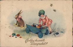 Little Girl with Easter Eggs and Bunny in Wagon With Children Postcard Postcard Postcard