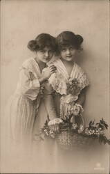 Two Girls with Flower Basket, Studio Portrait Children Postcard Postcard Postcard