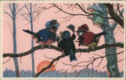 Anthropomorphic Birds in Hats and Capes, New Year's Greeting Postcard