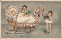 Cherubic Angels Serenade Newborn in Cradle Babies Postcard Postcard Postcard