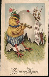 Musical Chick Plays Trumpet, Joyeuses Pâques, Easter Postcard With Chicks Postcard Postcard