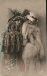 Two Women in Fur Coats, Bonne et Heureuse Année Postcard Postcard Postcard