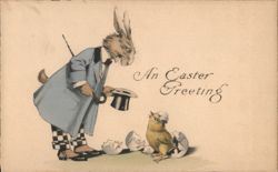 Dapper Easter Bunny Greets Newly Hatched Chick Postcard