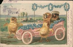 Joyeuses Pâques: Chicks in a Pink Antique Car Easter Postcard Postcard Postcard