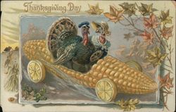 Turkeys in a Corn Cob Car: A Humorous Thanksgiving Greeting Postcard Postcard Postcard