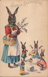 Anthropomorphic Easter Bunny Family with Eggs and Chicks With Bunnies Postcard Postcard Postcard