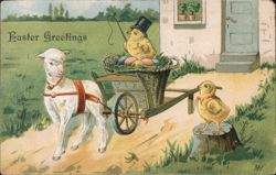 Easter Greetings: Lamb Pulling Chick-Driven Cart Postcard Postcard Postcard