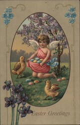 Easter Angel with Chicks and Colorful Eggs Postcard