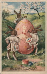 Three Rabbits Painting a Giant Easter Egg With Bunnies Postcard Postcard Postcard