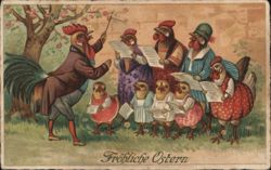 Anthropomorphic Chickens Sing Easter Carol, German Postcard Postcard Postcard