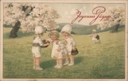 Joyeuses Pâques: Children Sharing Easter Eggs in a Spring Meadow With Children Pauli Ebner Postcard Postcard Postcard