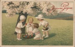 Joyeuses Pâques: Children with Easter Eggs Under Blossoming Tree Postcard