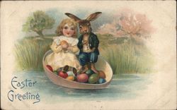 Girl and Easter Bunny in Eggshell Boat Postcard