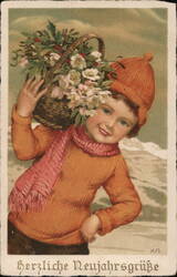 Child with Flower Basket, New Year's Greeting Children Postcard Postcard Postcard