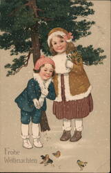 Two Children Feeding Birds Under a Snowy Pine Tree Postcard Postcard Postcard