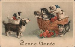 Bonne Année: Dogs Greet Kittens in a Basket Postcard