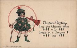 Christmas Greetings: Child Dressed as Festive Tree Blowing Horn Postcard