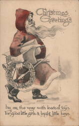 Santa Claus Carrying Toys and a Wreath, Christmas Greetings Postcard