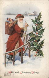 Santa Claus with Toys and Holly Bush - Christmas Postcard Postcard Postcard