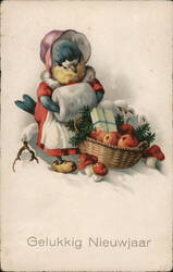 Anthropomorphic Blue Tit Bird in Dutch Dress, New Year's Greeting Postcard