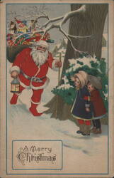 Children Spying on Santa with Toys and Lantern Santa Claus Postcard Postcard Postcard