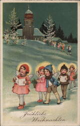 Angelic Children Caroling in Snowy Village at Night Angels Postcard Postcard Postcard