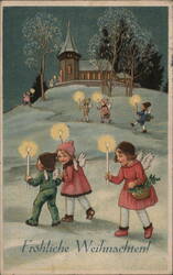 Children with Candles and Angel Wings, German Christmas Postcard Postcard