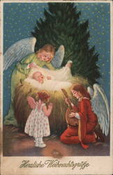 Christmas Angels Adoring Baby Jesus in Manger Postcard Postcard Postcard