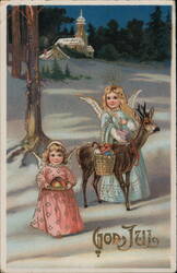 Christmas Angels with Gifts and Deer in Snowy Landscape Postcard Postcard Postcard