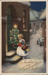 Girl with Christmas Gifts and Tree by Doorway Children Postcard Postcard Postcard