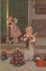 Two Angelic Children with Christmas Toys and Tree Postcard Postcard Postcard