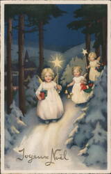 Three Angels in Snowy Woods with Star, Joyeux Noël Greeting Postcard Postcard Postcard