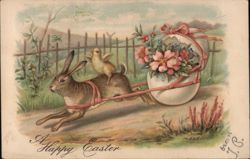 Easter Bunny & Chick Delivering Flowers in Eggshell Cart Postcard