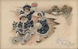 Children Sledding in Winter Wonderland, Dutch New Year's Greeting Postcard Postcard Postcard