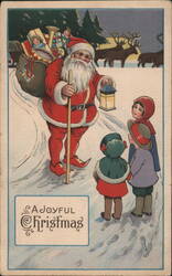 Santa Claus with Lantern Greets Children, Reindeer in Background Postcard Postcard Postcard