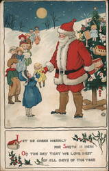 Santa Claus Giving Gifts to Children at Christmas Postcard