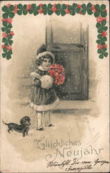 Girl with Roses and Dachshund, Happy New Year Greeting Children Postcard Postcard Postcard