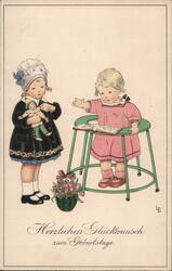 Two Children, Birthday Greetings, One with Doll, One with Book Postcard