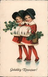 Twins Ice Skating with Shamrocks: Happy New Year Postcard