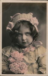 Young Girl with Pink Flowers and Bonnet Girls Postcard Postcard Postcard